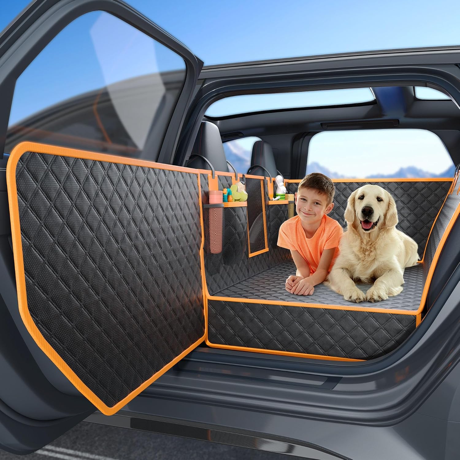 Dog Seat Cover for Back Seat, Hard Bottom Back Seat Extender, 100% Waterproof & Machine Washable, 600D Heavy Duty, Supports 400lbs for Travel & Camping, Dog Back Seat Pet Cover for Cars