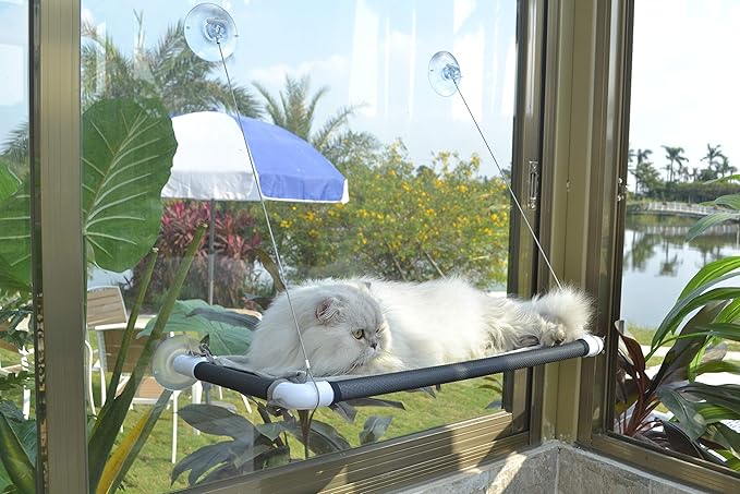 Cat Window Hammock – Mess-Free Waterproof Cats Window Perch for Large Cats, Strong Suction Cup Hammock with Flannel Cover, Indoor Cat Seat, Black