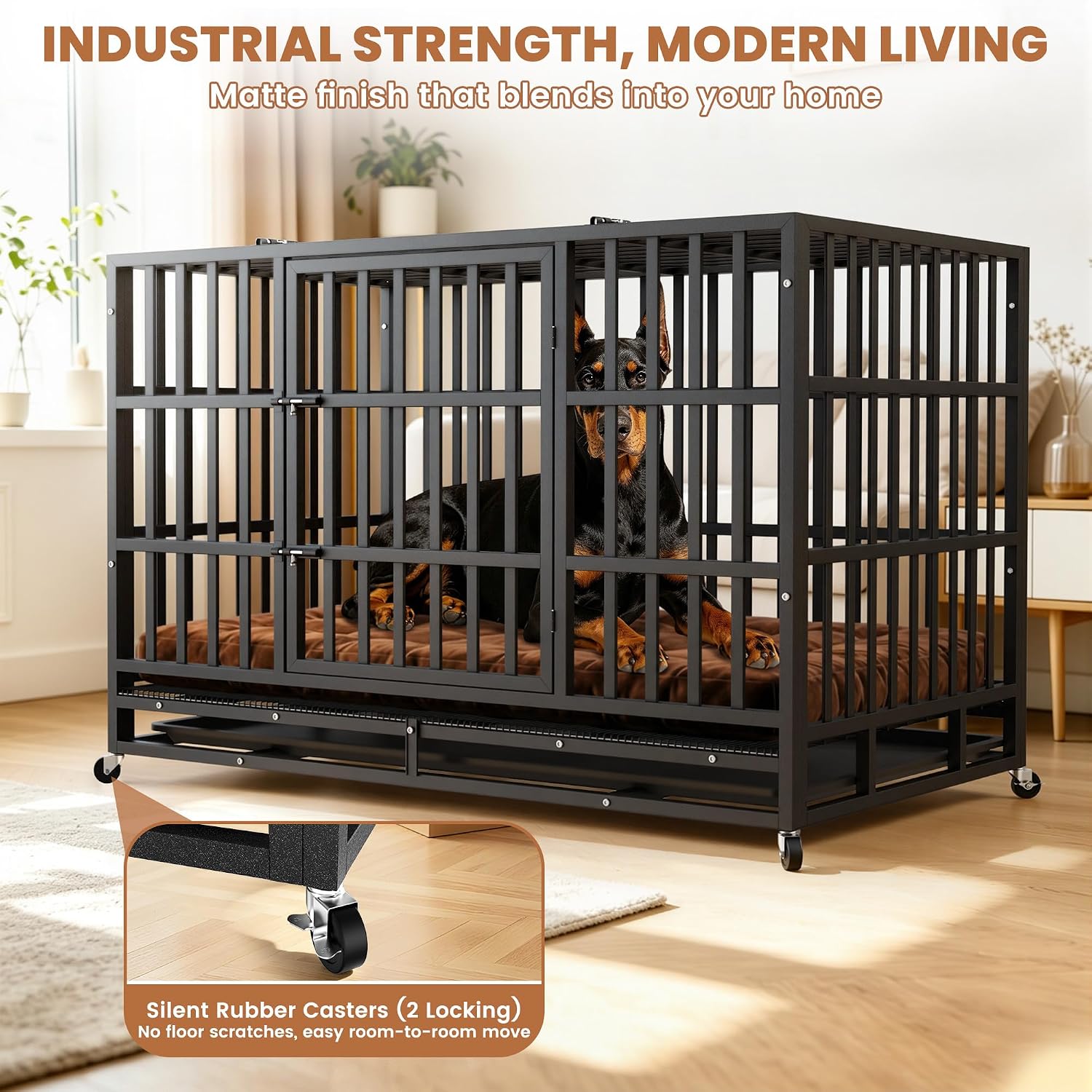 Heavy Duty Dog Crate 48 Inch, Indestructible Kennel for Large Dogs | 38-60" for Small to XX-Large Dogs | Escape Proof Latch | Removable Tray | Chew-Proof Steel | Lockable Wheels | Easy-Clean