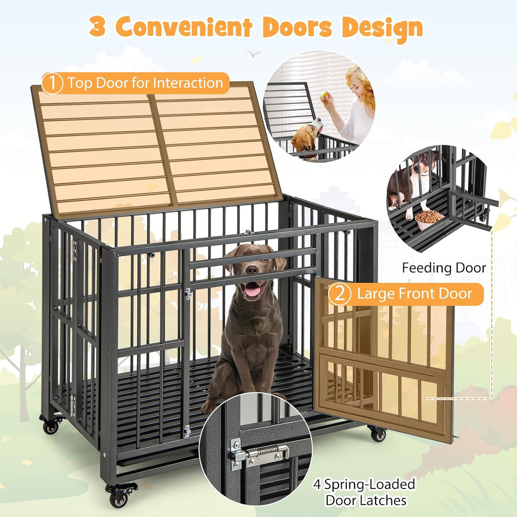 Tangkula Foldable Dog Crate, 3-Door Heavy Duty Dog Kennel with Removable Crate Tray, 4 Smooth Wheels, Indestructible Dog Crate for Indoor and Outdoor, Kennel Cage for Medium and Large Dogs