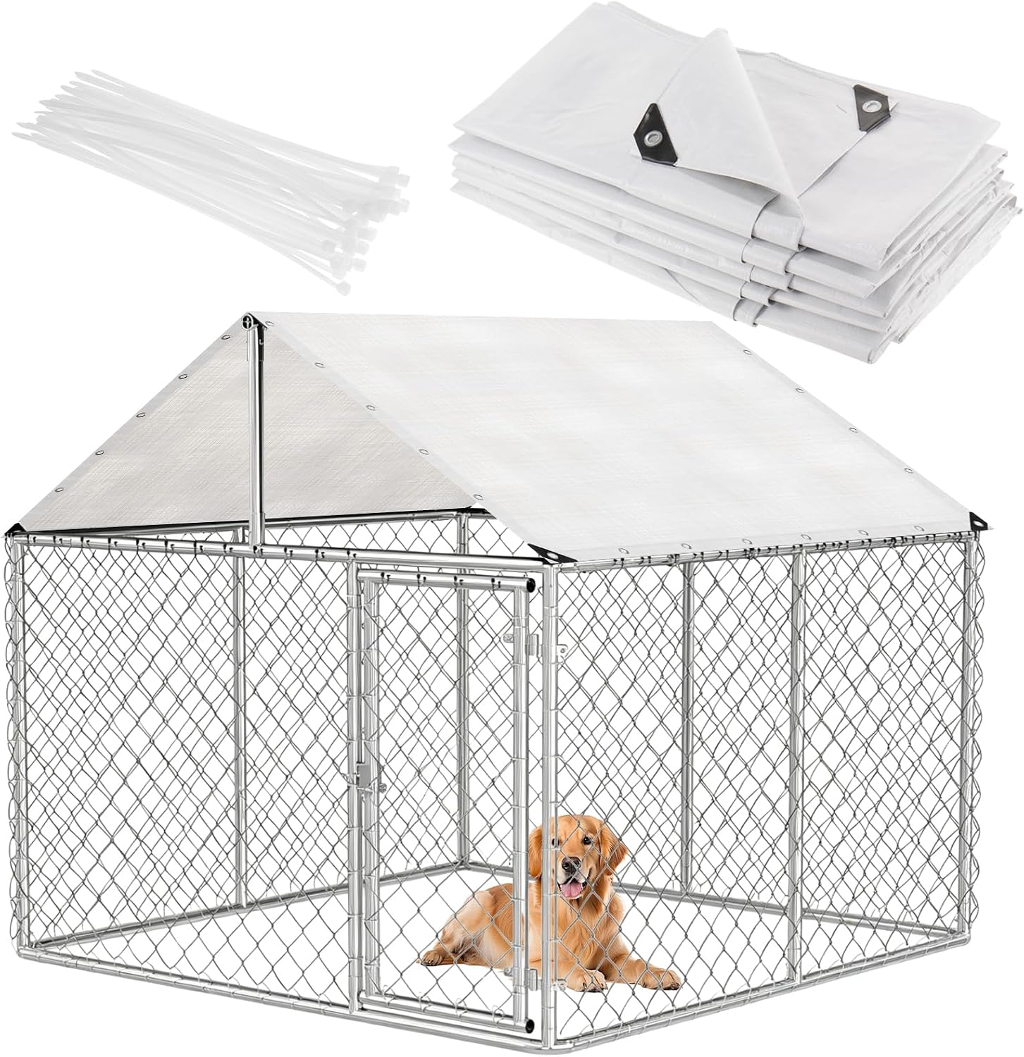 Outdoor Dog Kennel Cover Waterproof, 7.5 x 8 FT UV Protection Dog Fence Tarp with 50 Zip Ties for Outside Large Dog Enclosure Cage (Cover Only)