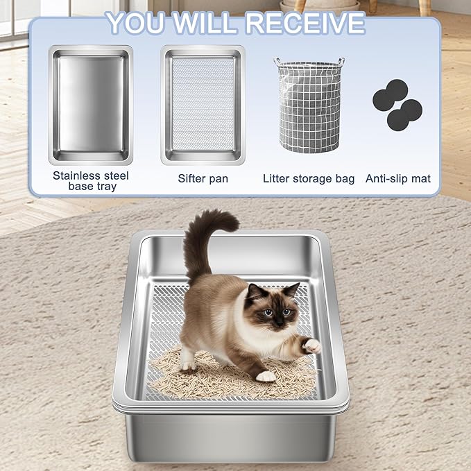 Teheao 2 Pack Stainless Steel Sifting Cat Litter Box for Clumping Litter, Kitty Large Metal Sifter Tray Pan with Cat Litter Bag, Low Dust, Odor Control, Easy Cleaning (17.7"*13.8"*5.9")