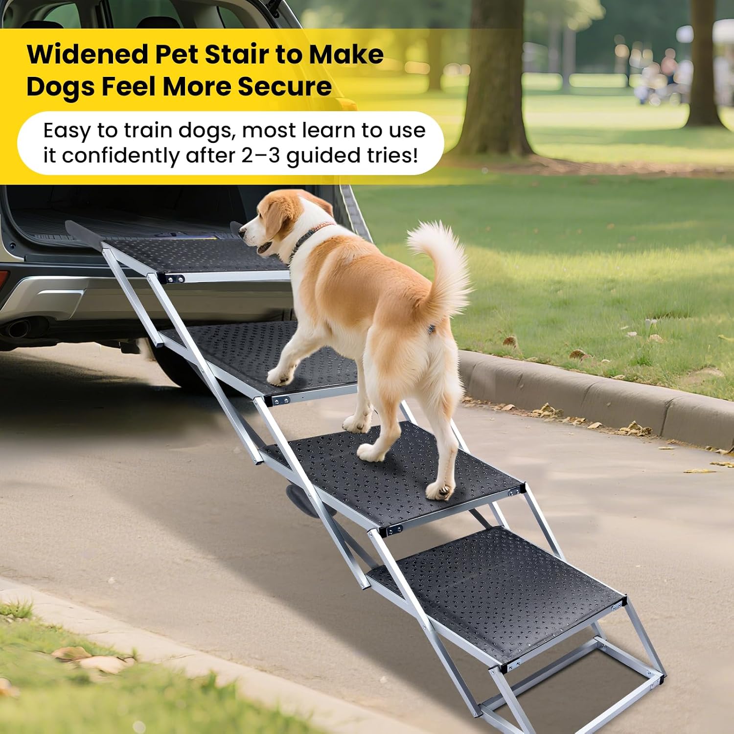 Dog Stairs for Large Dogs, Extra Wide Dog Ramp for Car with Non-Slip Surface, Folding Dog Car Ramp for SUV & Car, Outdoor, Supports up to 250 lbs, 4 Steps