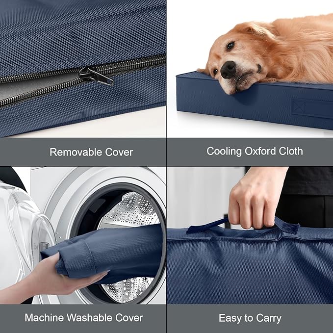 Outdoor Dog Bed for Medium Dogs, Waterproof Dog Crate Mat Orthopedic Egg Crate Foam Pet Bed with Washable Removable Oxford Cover, Navy
