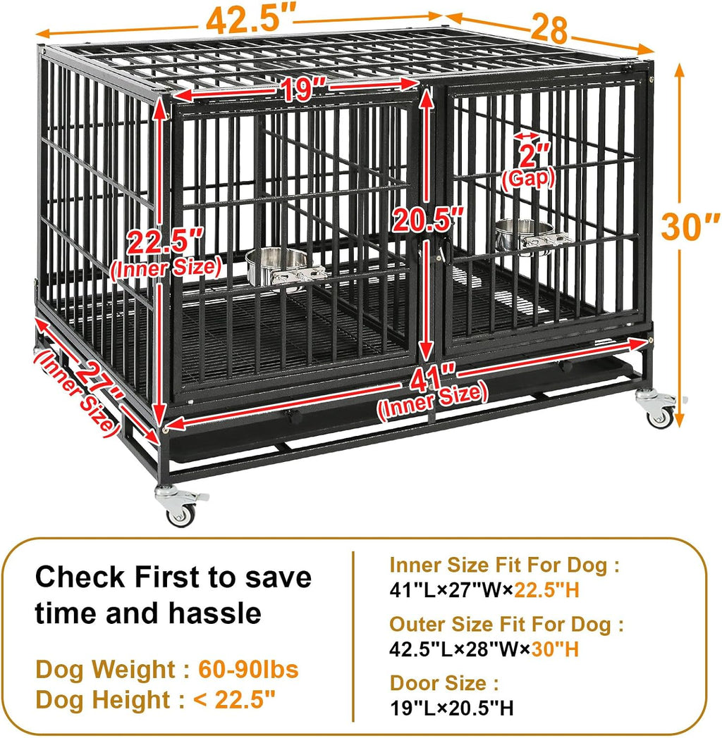 Homey Pet 43" Double Dog Crate, Heavy Duty Stackable Kennel with Divider | Drop Cage for Dogs with Dual Doors, Auto Locks, Bowls, Removable Tray, for Small & Medium Dogs, Breeders and Multi-dog Homes
