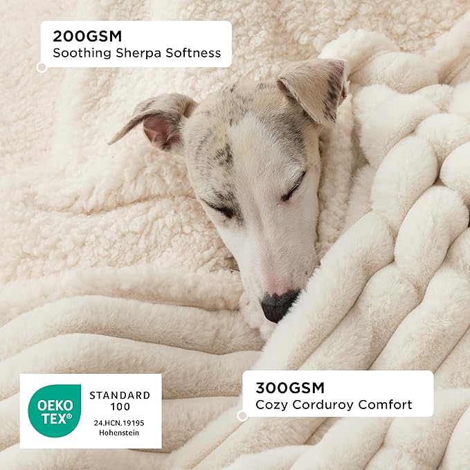 Bedsure ComfyFleece™ Waterproof Dog Blankets for Large Dogs - Soft Pet Cat Blanket Corduroy Fleece for Couch Bed Protector Washable, Cozy Calming Reversible Furniture Protection,50"x60", Cream