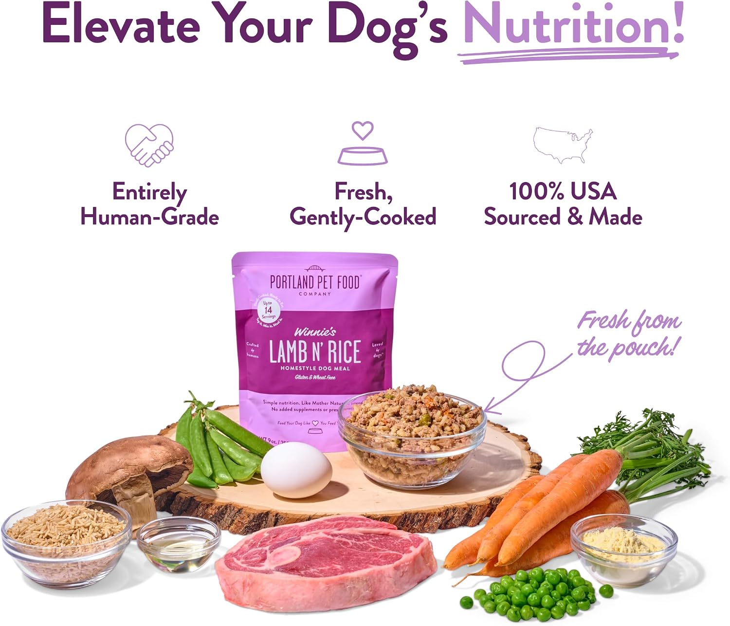 Portland Pet Food Company Fresh, Human Grade Dog Food Topper & Meal 8 Pack | Shelf-Stable 9 oz Pouch, Lamb & Rice Limited-Ingredient, Healthy Wet Dog Food & Meal Mix In, All Life Stages, USA Sourced