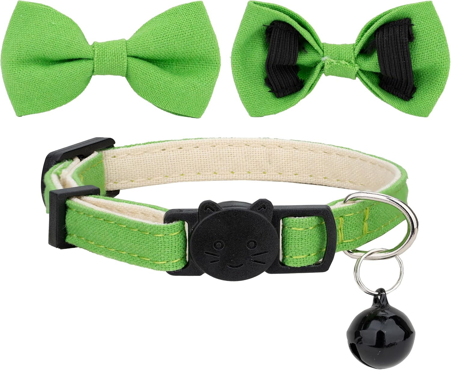 Cat Collar with Bow Tie Bell Breakaway Bowtie 2pcs Set Spring Plaid Flower Floral Solid Boy Girl Cute Kitten Safety B [Plaid & Solid] Green