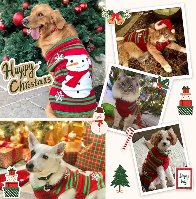 Dog Christmas Sweater Cute Snowman Puppy Cat Costume Boy Girls Xmas Holiday Pet Clothes New Year Outfits Gifts for Small Medium Large Dogs (XL, Red Green Stripe Snowman)