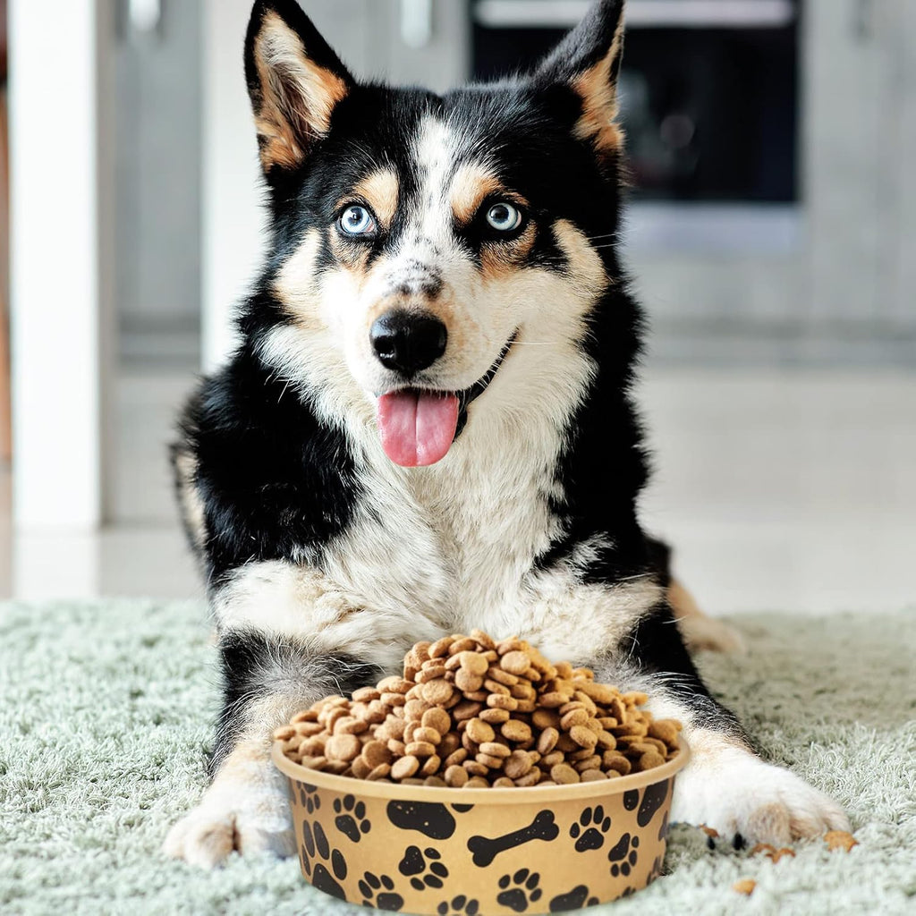 Whaline 50 Pcs Disposable Pet Bowls 16 Oz Kraft Paper Dog Cat Small Food Bowls with Paw Print Design for Travel Camping Picnic Wet Dry Food and Water