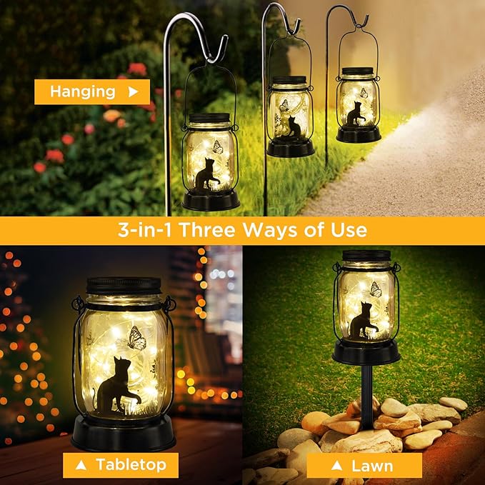 kyoryuger Cat Gifts for Women/Mom/Grandma/Sister, Cats Butterfly Solar Lights Outdoor Hanging Cat Lanterns Fairy Lights, Kitty Lamps Decor for Yard Lawn Garden Patio