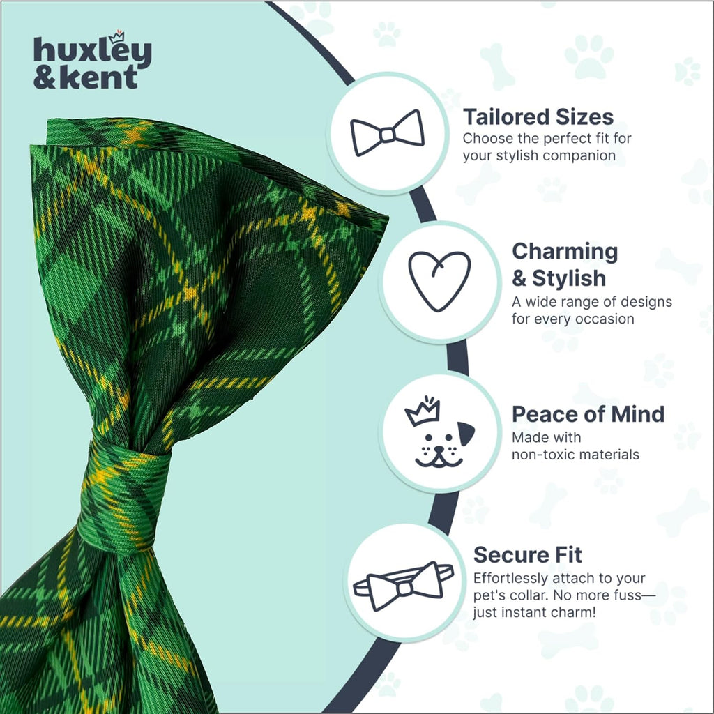 Huxley & Kent Pet Bow Tie for Dogs & Cats, Irish Plaid, Small/Medium | Hook & Loop Attaches to Any Collar, Soft Polyester, Lightweight & Machine Washable, Perfect for Holidays & Photos