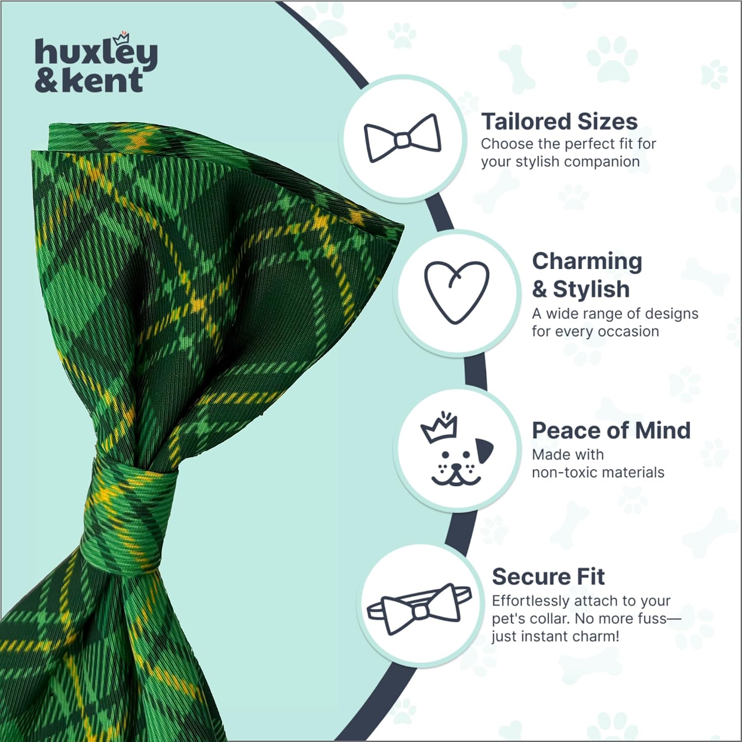 Huxley & Kent Pet Bow Tie for Dogs & Cats, Irish Plaid, Small/Medium | Hook & Loop Attaches to Any Collar, Soft Polyester, Lightweight & Machine Washable, Perfect for Holidays & Photos