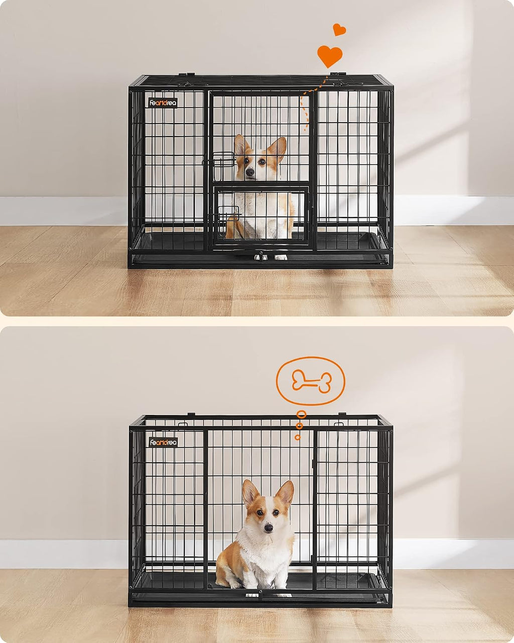 Feandrea Heavy-Duty Dog Crate, Dog Cage, 92.5 x 57.5 x 64 cm, for Small and Medium Dogs, Anti-Escape, Double Removable Door, Easy Cleaning, Pet Cage, L, Black PPD002B01