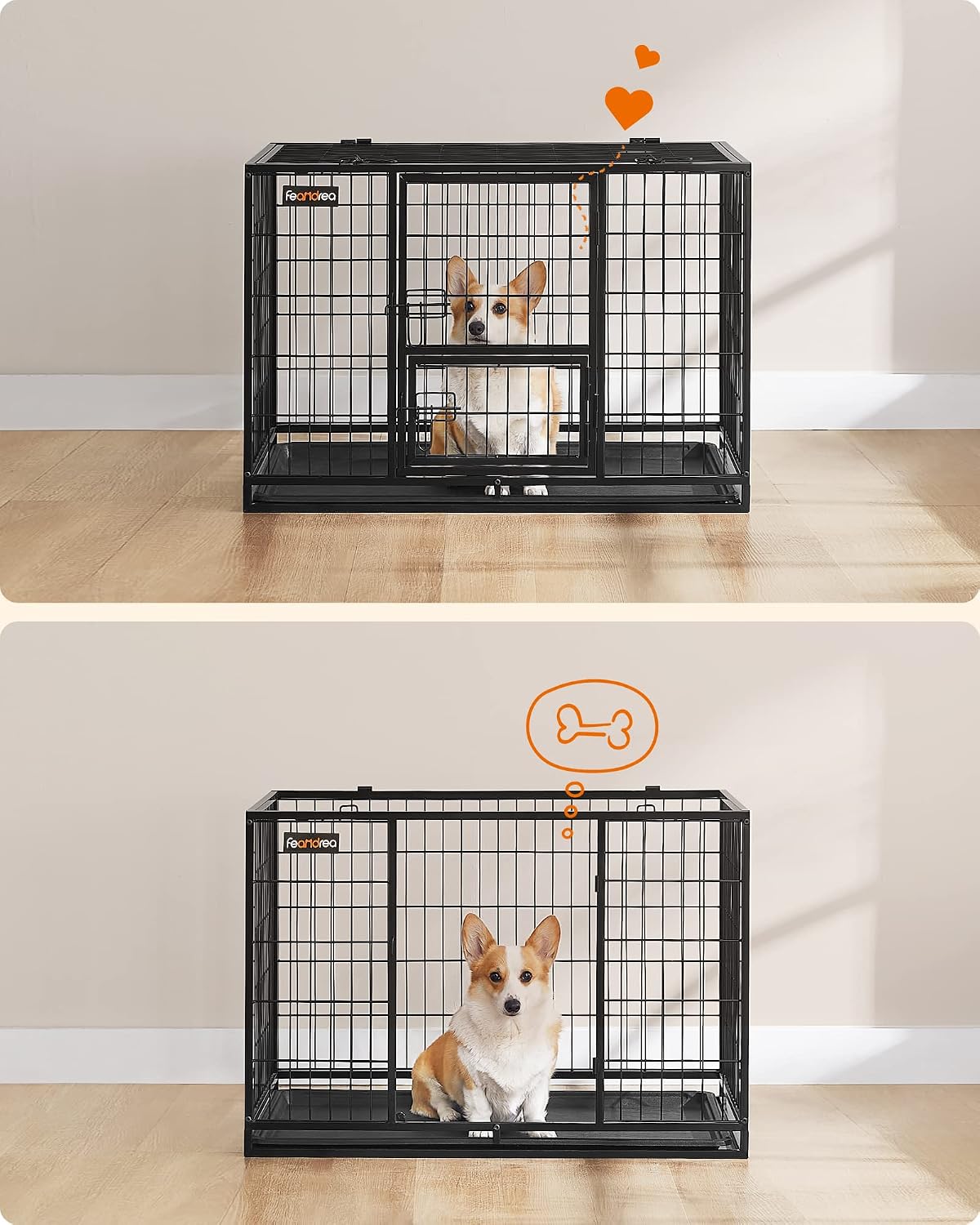 Feandrea Heavy-Duty Dog Crate, Dog Cage, 92.5 x 57.5 x 64 cm, for Small and Medium Dogs, Anti-Escape, Double Removable Door, Easy Cleaning, Pet Cage, L, Black PPD002B01
