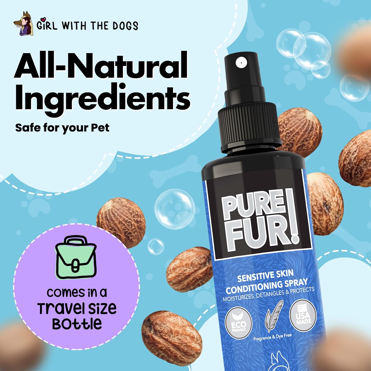 Pure Fur! by Girl With The Dogs - Made in USA - Sensitive Skin Pet Conditioning Spray, 8 oz