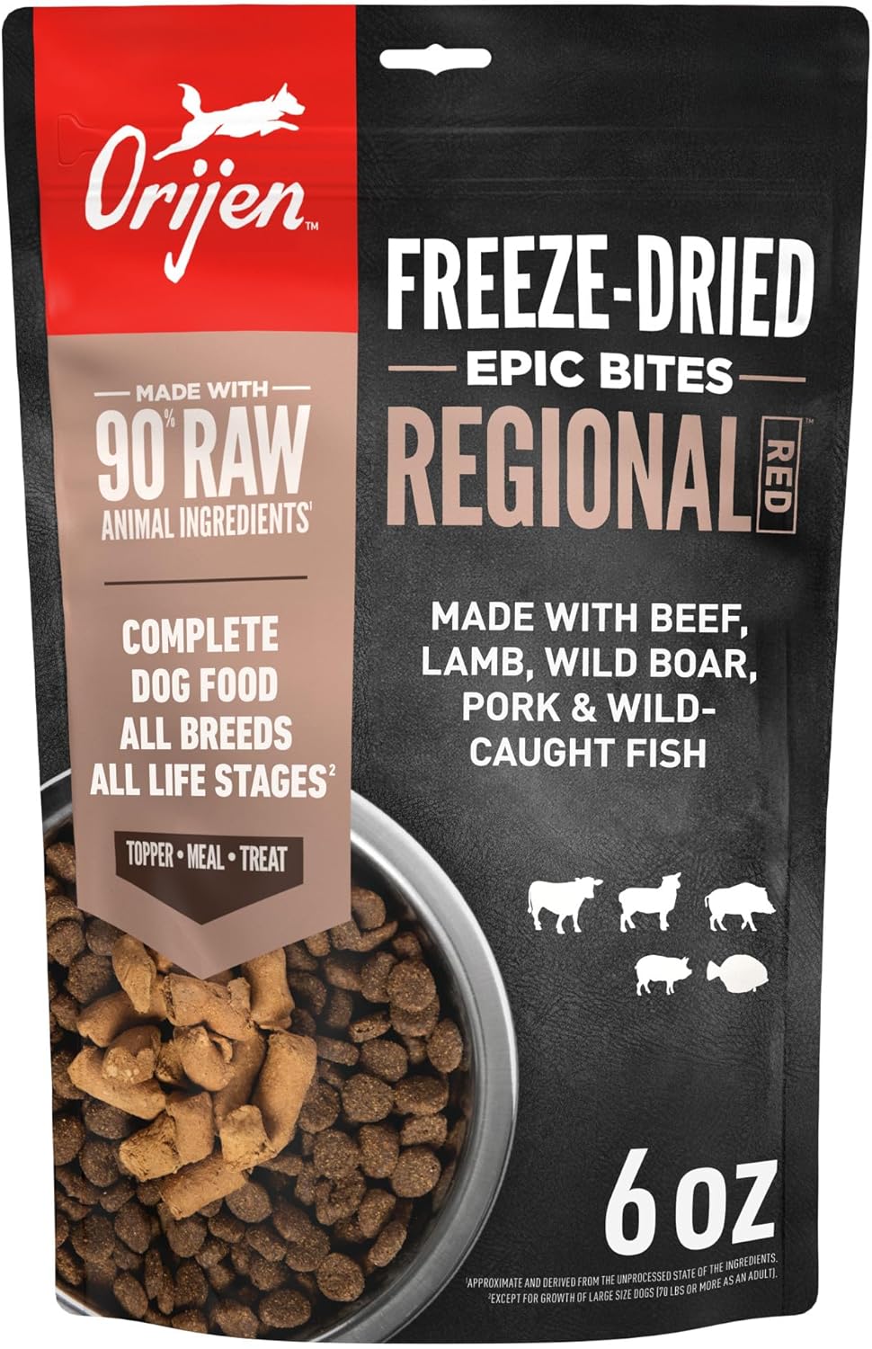 ORIJEN Epic Bites Freeze-Dried Dry Dog Food Regional Red Recipe 6oz. Bag | WHOLEPREY Ingredients, Freeze Dried, Made in the USA, Wild-Caught Fish