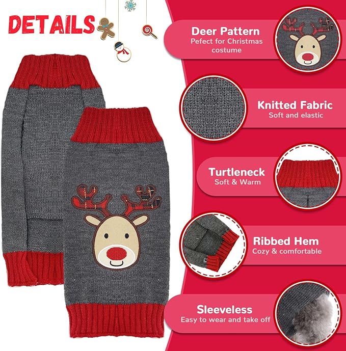 Dog Christmas Sweater Xmas Pet Clothes Cute Gray Reindeer Holiday Puppy Cat Costume New Year Gifts for Small Medium Large Dogs Jumpers (S, Gray Reindeer)