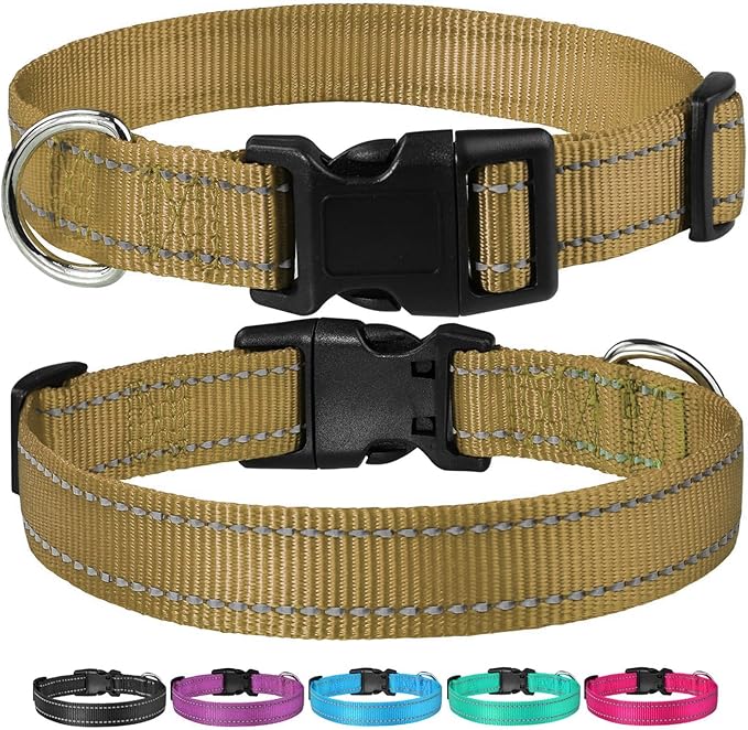 Reflective Dog Collar with Buckle Adjustable Safety Nylon Collars for Small Medium Large Dogs, Brown M