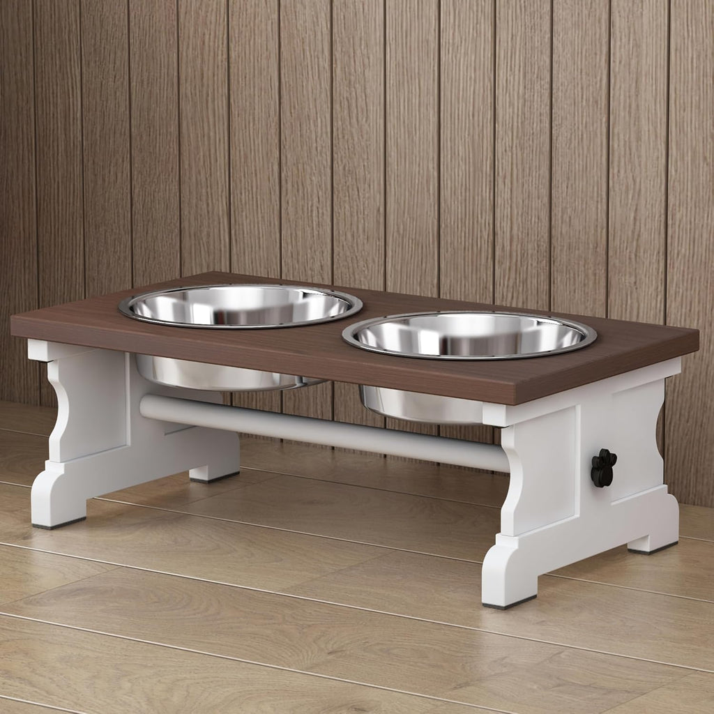 Piskyet Elevated Dog Bowls,Dog Bowl Stand, 3.5Cups6''H_30 oz Bowl-Farmhouse | Farmhouse Dog Bowls Stand, Raised Dog Bowl with 2 Stainless Steel Wooden Dogs Bowls for Small Size Dogs