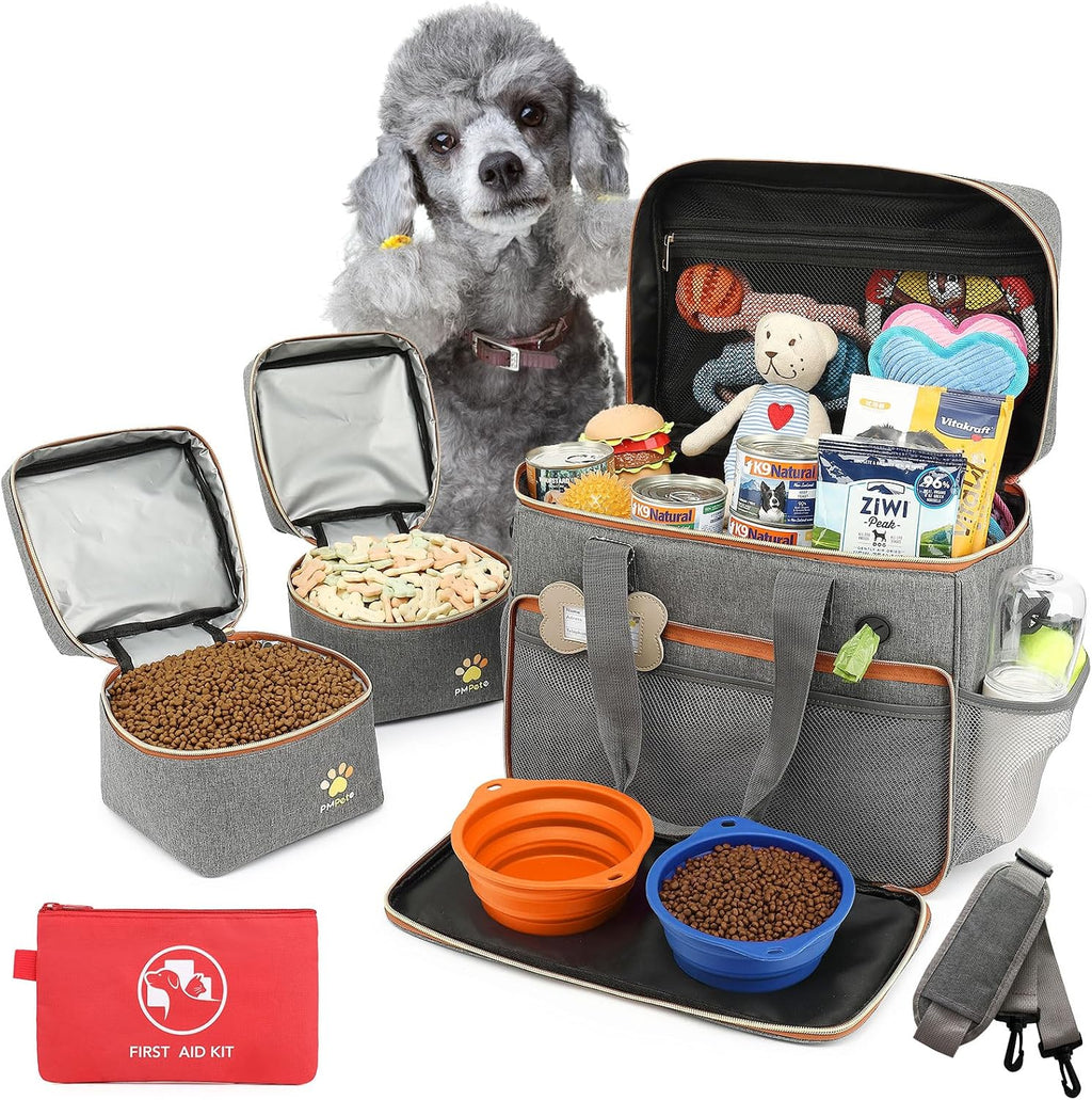 Dog Travel Bag for Traveling| Week Away/Overnight Dog Travel Accessories with Multi-Function Pockets| Travel Set for Dogs and Cats|Ideal Pet Diaper Bag and Pet Gift Kit(Grey)