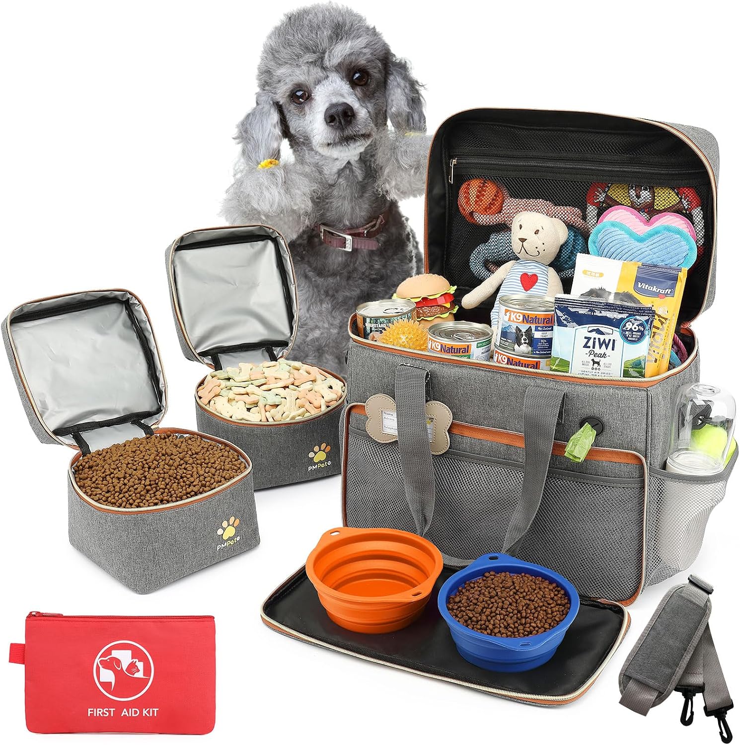 Dog Travel Bag for Traveling| Week Away/Overnight Dog Travel Accessories with Multi-Function Pockets| Travel Set for Dogs and Cats|Ideal Pet Diaper Bag and Pet Gift Kit(Grey)