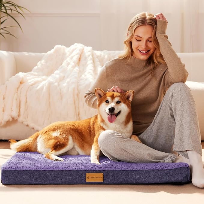 Patas Lague Orthopedic XL Dog Bed Large Sized Dog 48''X30'', Soft Waterproof Egg Crate Foam Large Pet Crate Beds Mat with Removable Washable Cover and Non-Slip Bottom, Purple