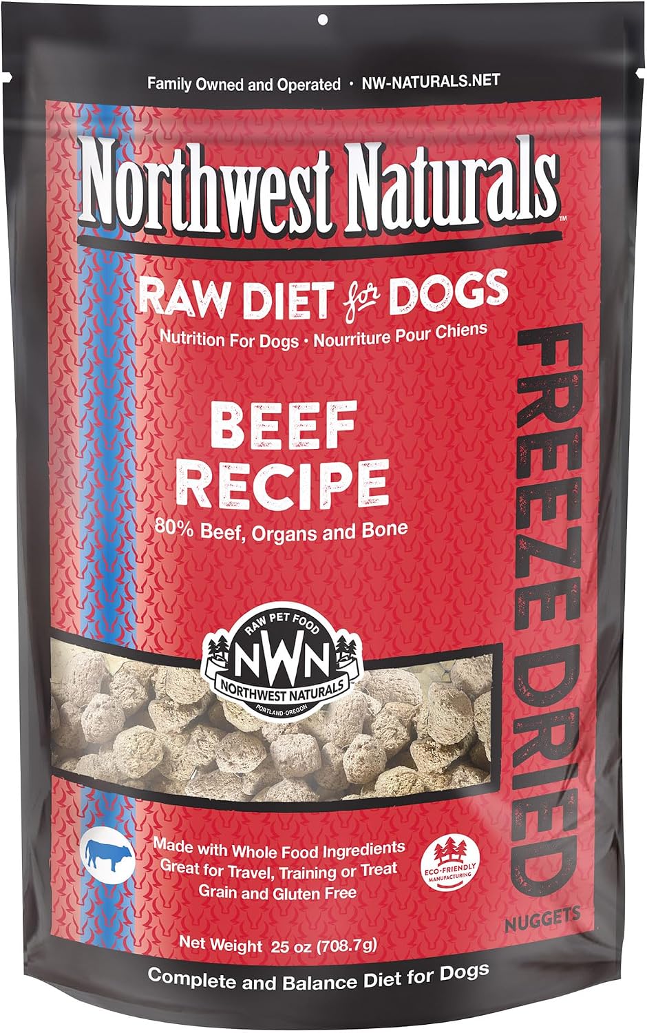 Northwest Naturals Freeze-Dried Beef Dog Food - Bite-Sized Nuggets - Grain-Free, High-Protein, Raw Diet, Human-Grade Ingredients, All Natural, Premium Quality, Healthy & Nutritious, Made in USA, 25 Oz