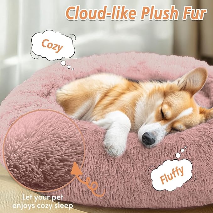 JOLLYVOGUE Calming Dog Bed Large Size Dog, Anti-Anxiety Donut Large Pet Bed, 36 inches Fluffy Faux Fur Round Cat Bed, Fits up to 75 lbs Pets (Dark Pink)