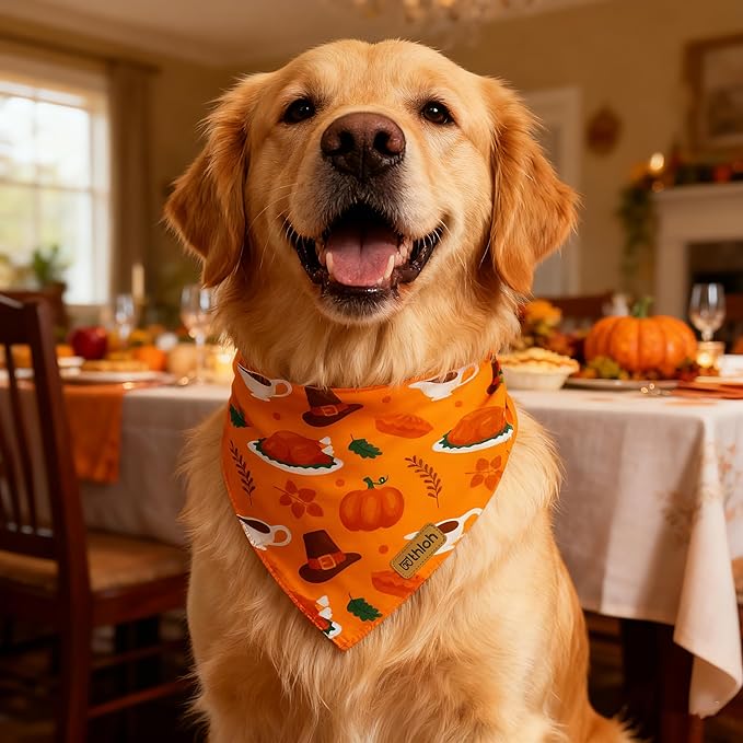 Thanksgiving Dog Bandanas with Snap Button, 2 Pack Adjustable Fall Bandanas for Small, Medium, and Large Dogs, Pumpkin Pet Scarf for Autumn Costume Accessory & Photo Shoot (X-Large)