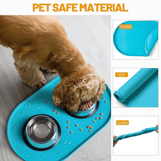 Hubulk 100% Waterproof Silicone Pet Feeding Mat with Raised Edge for Food and Water, Dog Bowl Mats, Cat Bowls Placemat with High Lip Protects Floor for Cats and Dogs (Teal, 16" L x 10" W)