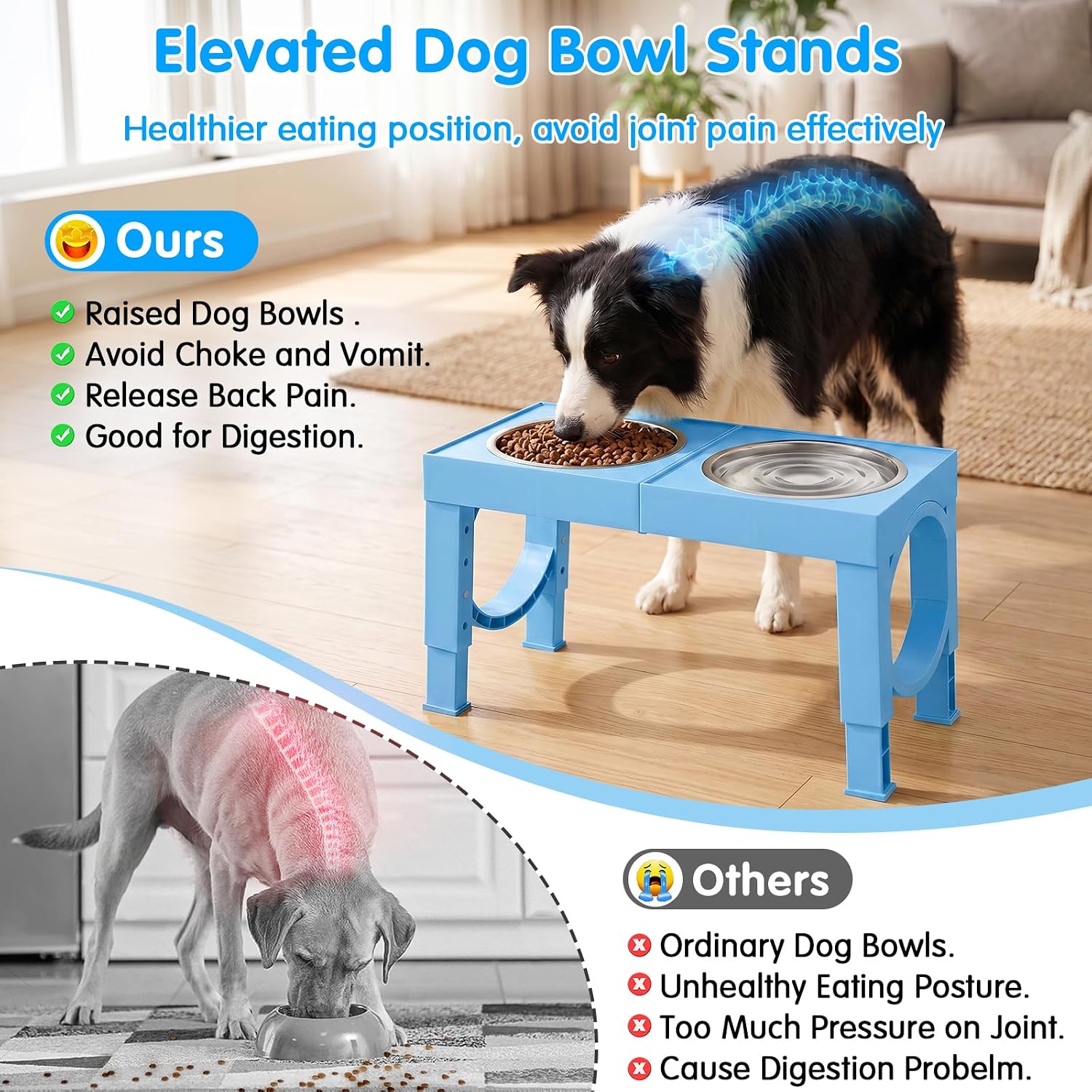 XIAZ Elevated Dog Bowls Large Breed Raised Dogs Bowl Stand Large/Medium Sized Dog Stainless Steel Food Water Bowl Stands 5 Heights Adjustable 9/11/12/15in Pet Feeder Dish Station