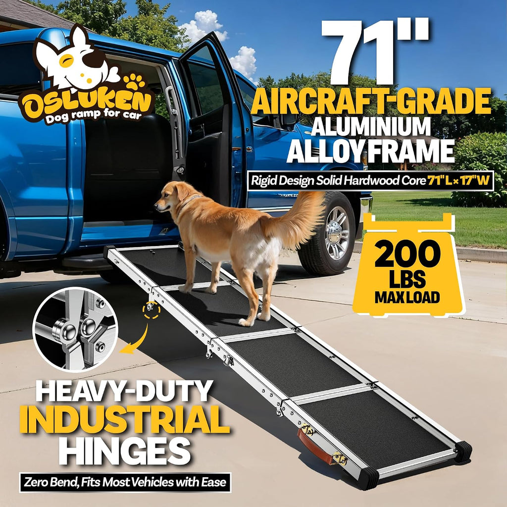 71" Aluminum Alloy Dog Ramp for Car SUV Truck Side Door, Foldable Outdoor Pet Ramp with Adjustable Support Head, Non-Slip Traction Surface, Sturdy Ramp for Large Dogs Up to 200 LBS (4 Folded)