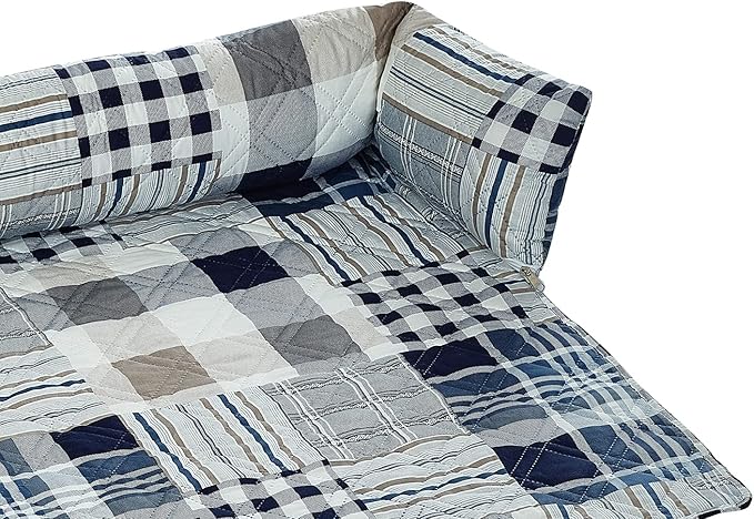 Brilliant Sunshine Quilted Calming Dog Bed Mat, Removable Washable Cover, Cushion Protector and Couch Covers for Dogs, Pets, Cats, Extra Large, Blue Plaids and Stripes Patchwork