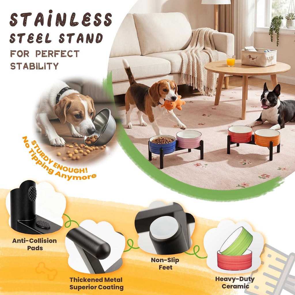 Ceramic Elevated Dog Bowl Set, 6.1''Raised Dog Food and Water Bowl Set with Non-Slip Stainless Steel Stand, Double Raised Dish for Small and Medium Breed, 3.5 Cups / 22 Fl Oz, Sunset Duo