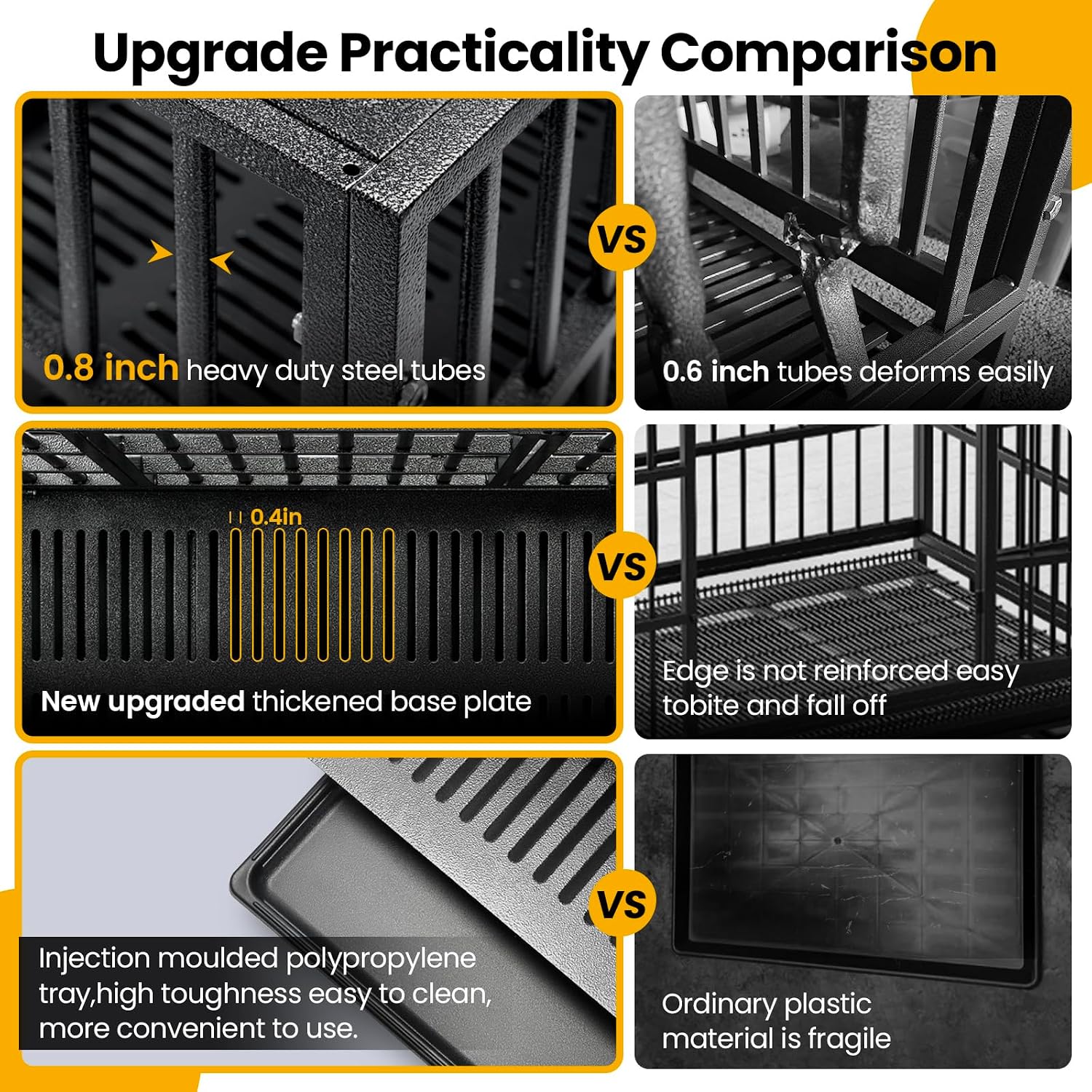 WOKEEN 48 inch Thick Flat Tube Heavy Duty Dog Crate Cage Kennel with Wheels, Crate for Large Dogs with Upgrade Tray, Double Door and Sturdy Locks for High Anxiety Dogs, Indestructible Dog Crate BLACK