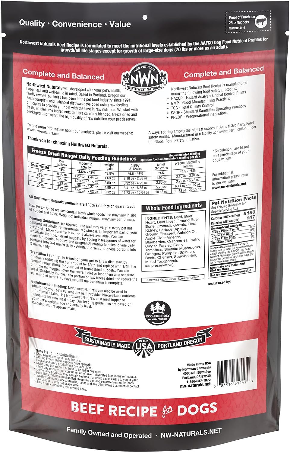 Northwest Naturals Freeze-Dried Beef Dog Food - Bite-Sized Nuggets - Grain-Free, High-Protein, Raw Diet, Human-Grade Ingredients, All Natural, Premium Quality, Healthy & Nutritious, Made in USA, 25 Oz