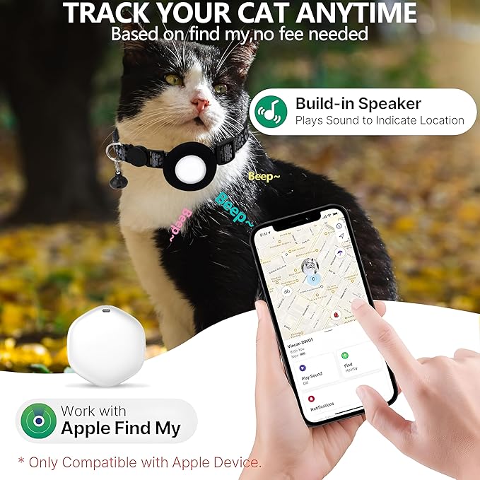 GPS Tracker for Cats, Mini GPS Pet Tracker with Collar, IPX8 Waterproof Cat Trackers Collar,No Monthly Fee,Work with Apple Find My(iOS Only),Smart Trackers for Pets-Black-4