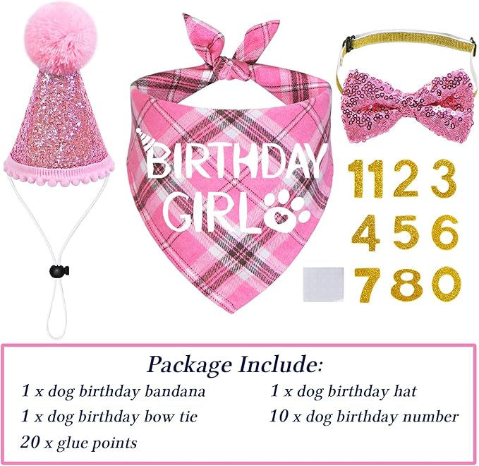 STMK Dog Birthday Outfits, Multi Size Dog Birthday Hat Dog Birthday Girl Bandana Bow Tie Birthday Numbers for Medium Large Dogs Pets (Pink, Large)