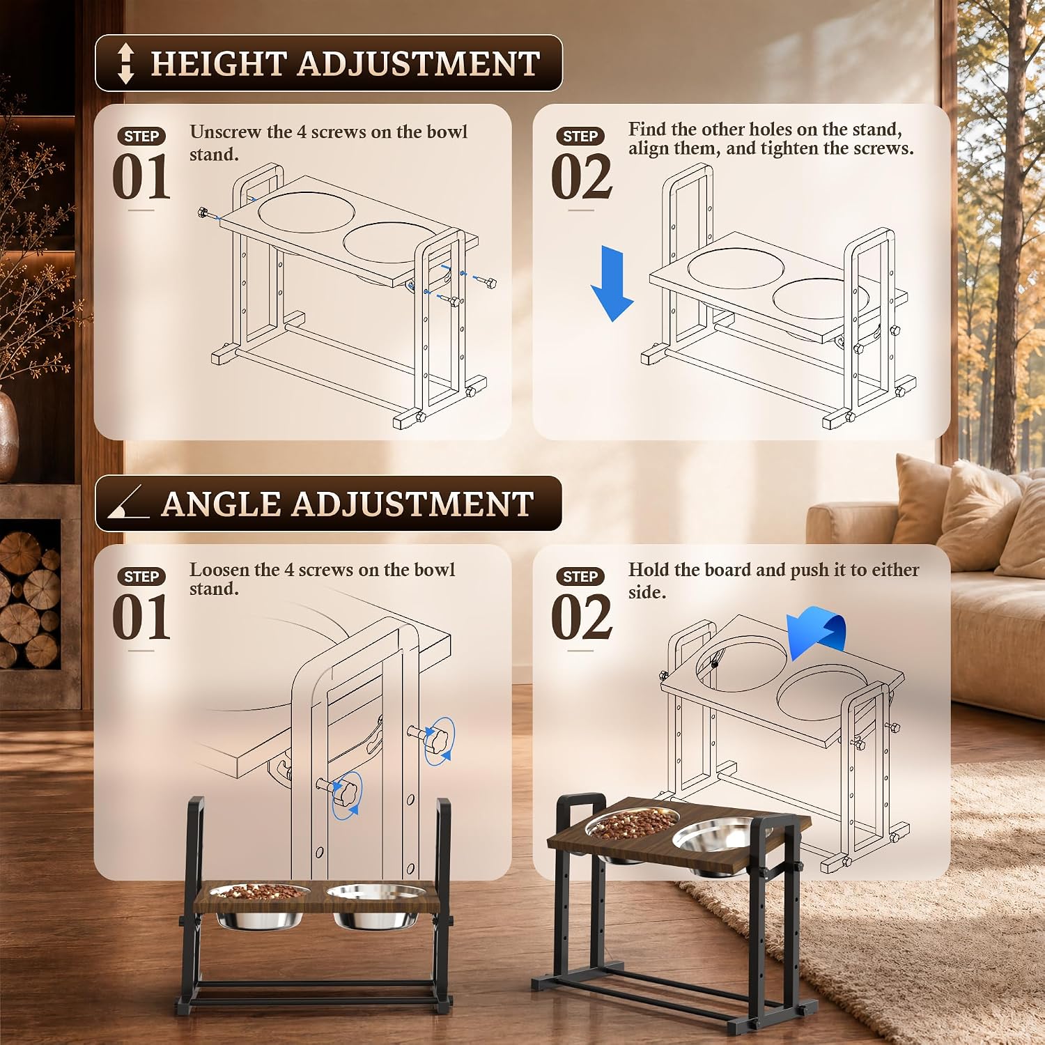 Elevated Dog Bowls, Angle&Height Adjustable, 2L Stainless Steel Bowls | Tilted Platform (0°, 7.5°, 15°) Dog Bowl Stand, Stable & Sturdy Metal Raised Dog Feeding Station, For Large Medium Small Dogs