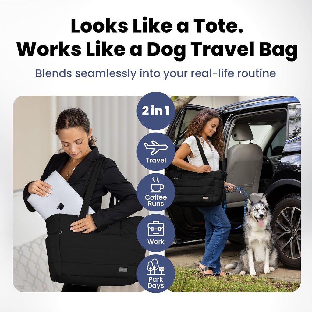 Puffer Dog Travel Bag for Dog Moms, Diaper Bag with Travel Bowls | 2 BPA-Free Collapsible Bowls, 2 Pet Food Containers, 9 Pockets, Everyday Puffer Bag Works With or Without Your Dog, Black