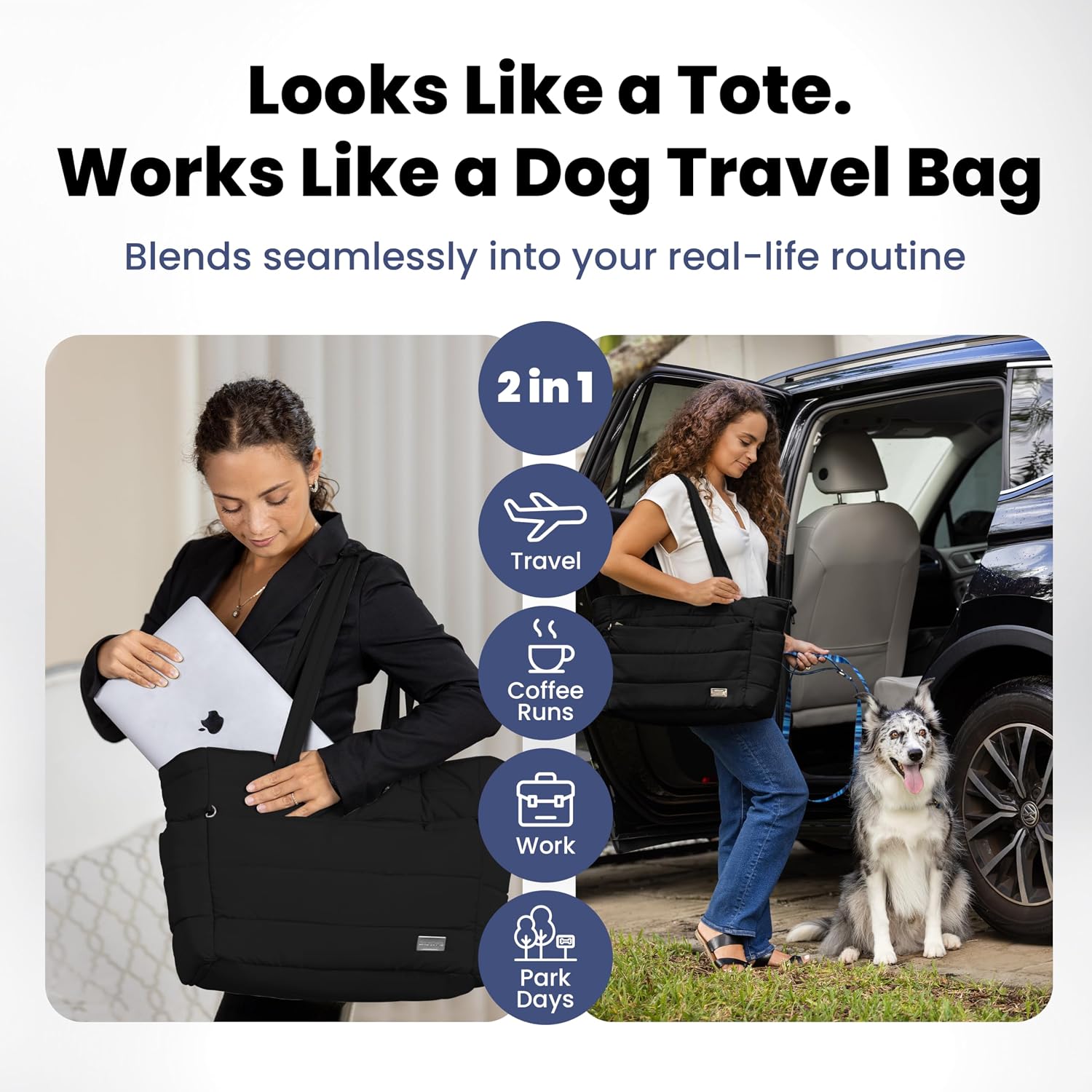 Puffer Dog Travel Bag for Dog Moms, Diaper Bag with Travel Bowls | 2 BPA-Free Collapsible Bowls, 2 Pet Food Containers, 9 Pockets, Everyday Puffer Bag Works With or Without Your Dog, Black