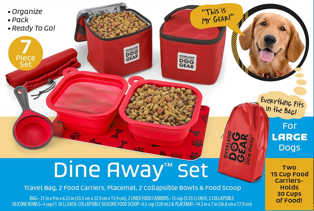 Mobile Dog Gear, Dine Away Dog Travel Bag for Medium and Large Dogs, Includes Lined Food Carriers and 2 Collapsible Dog Bowl, Collapsible Scooper and Placemat, Red