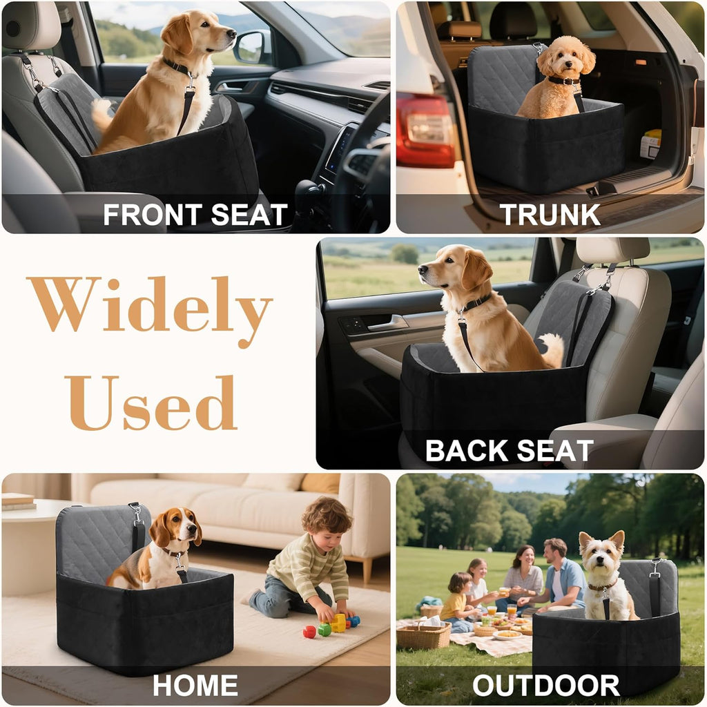 Dog Car Seat for Small/Medium Dogs,Pet Dog Booster Car Seat Puppy 15-35 lbs with Soft 4+2in Detachable Pads Detachable Elevated Cushion and Washable Cover Safety Belt Storage Pockets Easy to Install