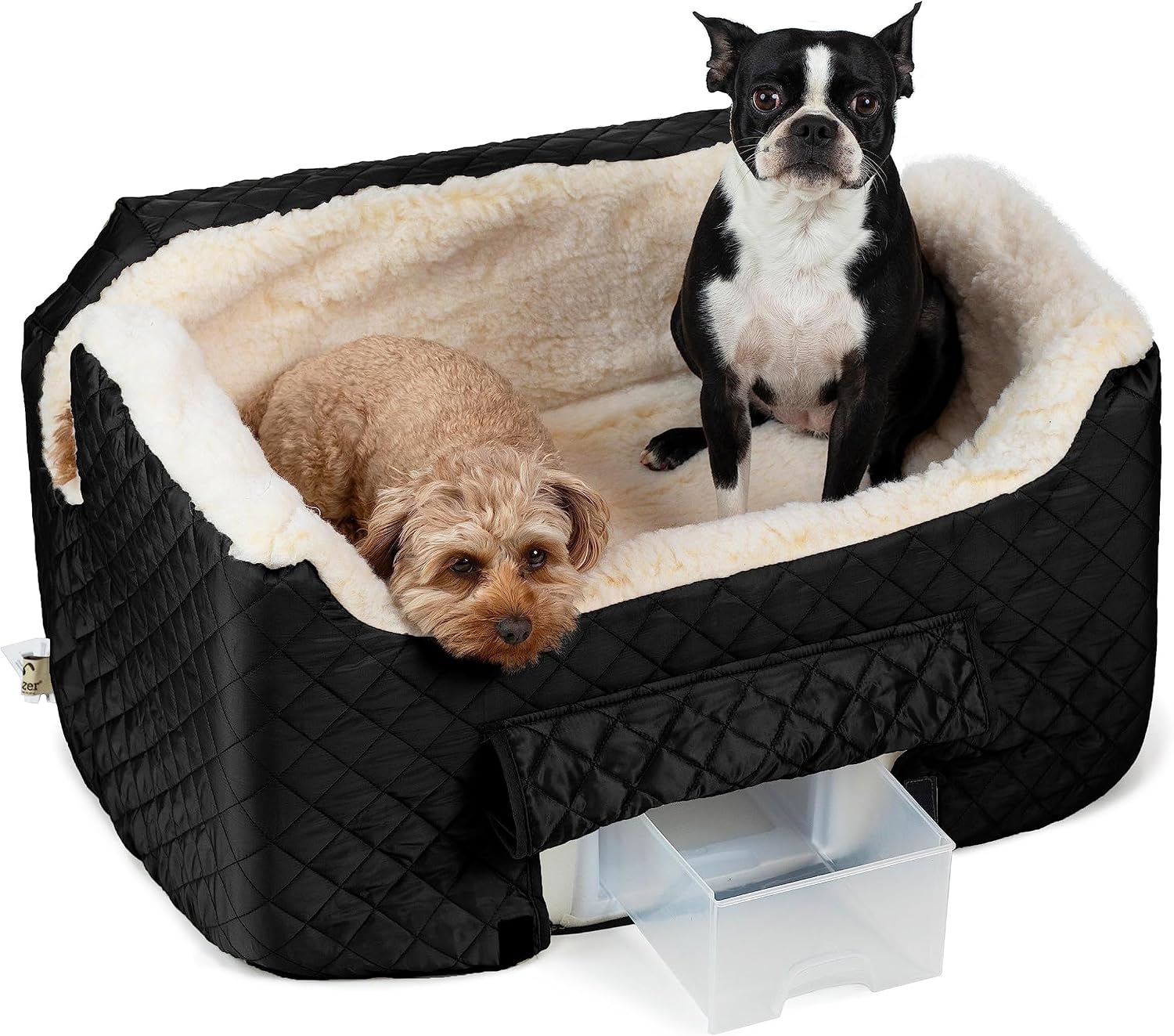 Snoozer Dog Car Seat for Dogs up to 34lbs, Lookout II, Black Quilted (L) | Dog booster car seat, Helps alleviate travel sickness & fear, Storage tray, Removable washable cover, Great for 2 small pets