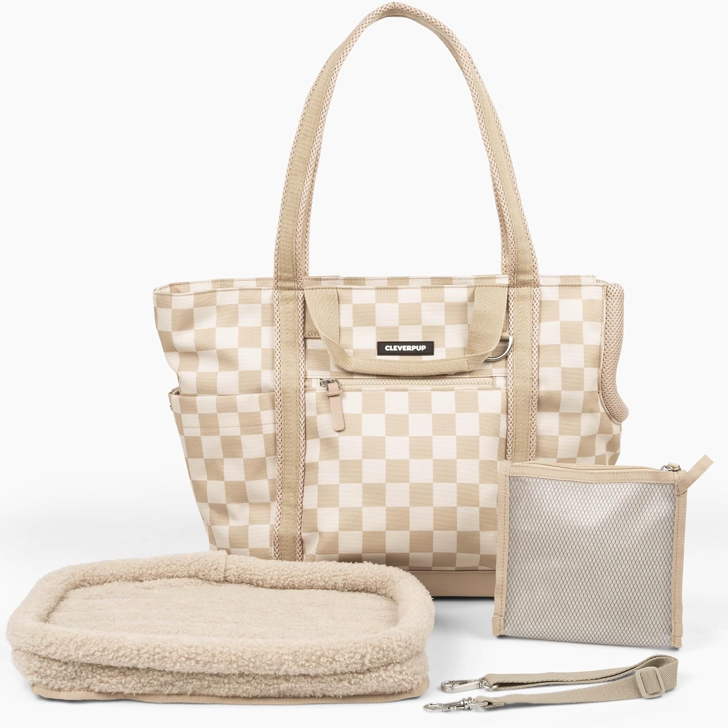 Transit Tote Dog Carrier 4-Piece Set - Premium Lightweight Pet Travel Bag with Plush Teddy Insert, Food Pouch, Air Mesh Opening, Water-Resistant Base & Safety Tether - Medium Checkerboard
