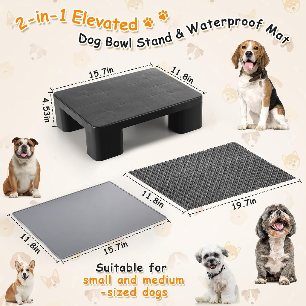 Elevated Dog Bowl Stand with Waterproof Dog Food Mat, Non-Slip, 1 Pc, Black | Reduce Neck & Joint Strain, Easy to Clean Silicone Pet Feeding Mat, Sturdy Legs, Ideal for Small & Medium Dogs and Cats