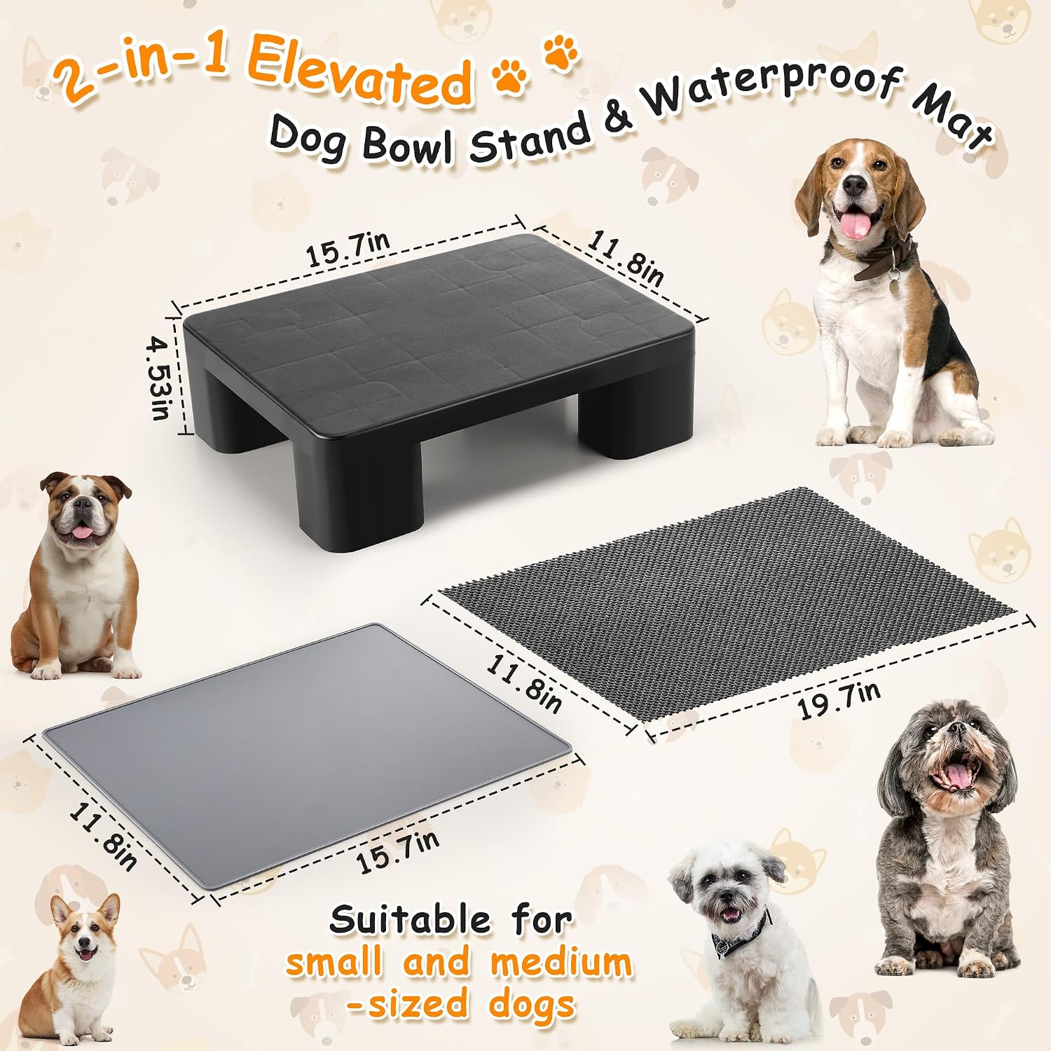Elevated Dog Bowl Stand with Waterproof Dog Food Mat, Non-Slip, 1 Pc, Black | Reduce Neck & Joint Strain, Easy to Clean Silicone Pet Feeding Mat, Sturdy Legs, Ideal for Small & Medium Dogs and Cats