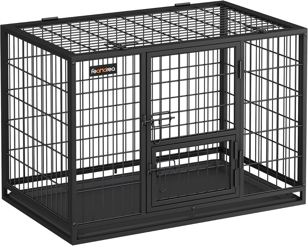 Feandrea Heavy-Duty Dog Crate, Dog Cage, 92.5 x 57.5 x 64 cm, for Small and Medium Dogs, Anti-Escape, Double Removable Door, Easy Cleaning, Pet Cage, L, Black PPD002B01