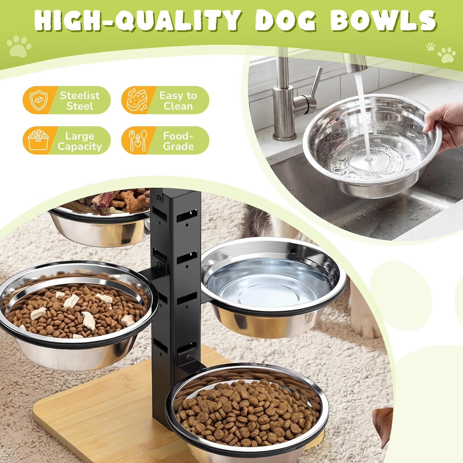 Elevated Dog Bowls Stand - 4 Heights Raised Dog Bowl Large Sized Dog - Dog Feeding Station - Dog Food and Water Bowl Set with Portable Handle - Suitable for Multi-Dog Feeding